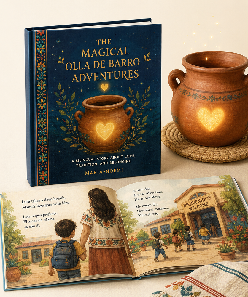 The Magical Olla de Barro Adventures — bilingual children's book cover by Maria-Noemi