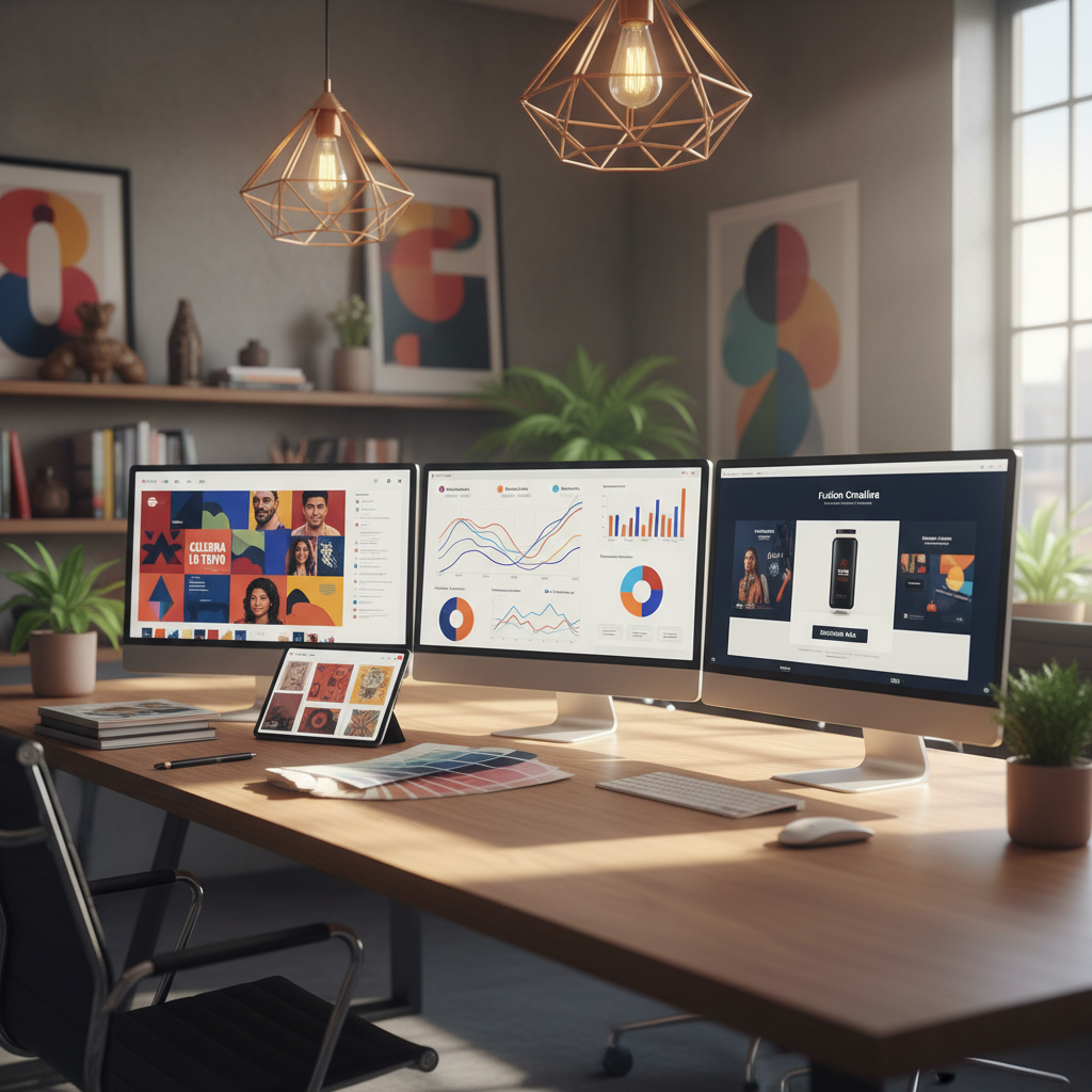 An ultra-modern creative workspace featuring a long wooden desk with multiple high-resolution monitors displaying different stages of a marketing campaign: a social media grid with bold imagery, a data visualization of audience insights, and a clean layout for a digital ad. Beside the monitors, color-calibrated swatch books and a tablet with a stylus rest on the desk, suggesting careful brand alignment for Hispanic markets. Warm pendant lighting from above mixes with soft natural light from a nearby window, casting subtle shadows and highlights. Photographic realism, captured from a slightly elevated angle with sharp focus throughout, conveying an organized, innovative, and culturally aware marketing agency environment.