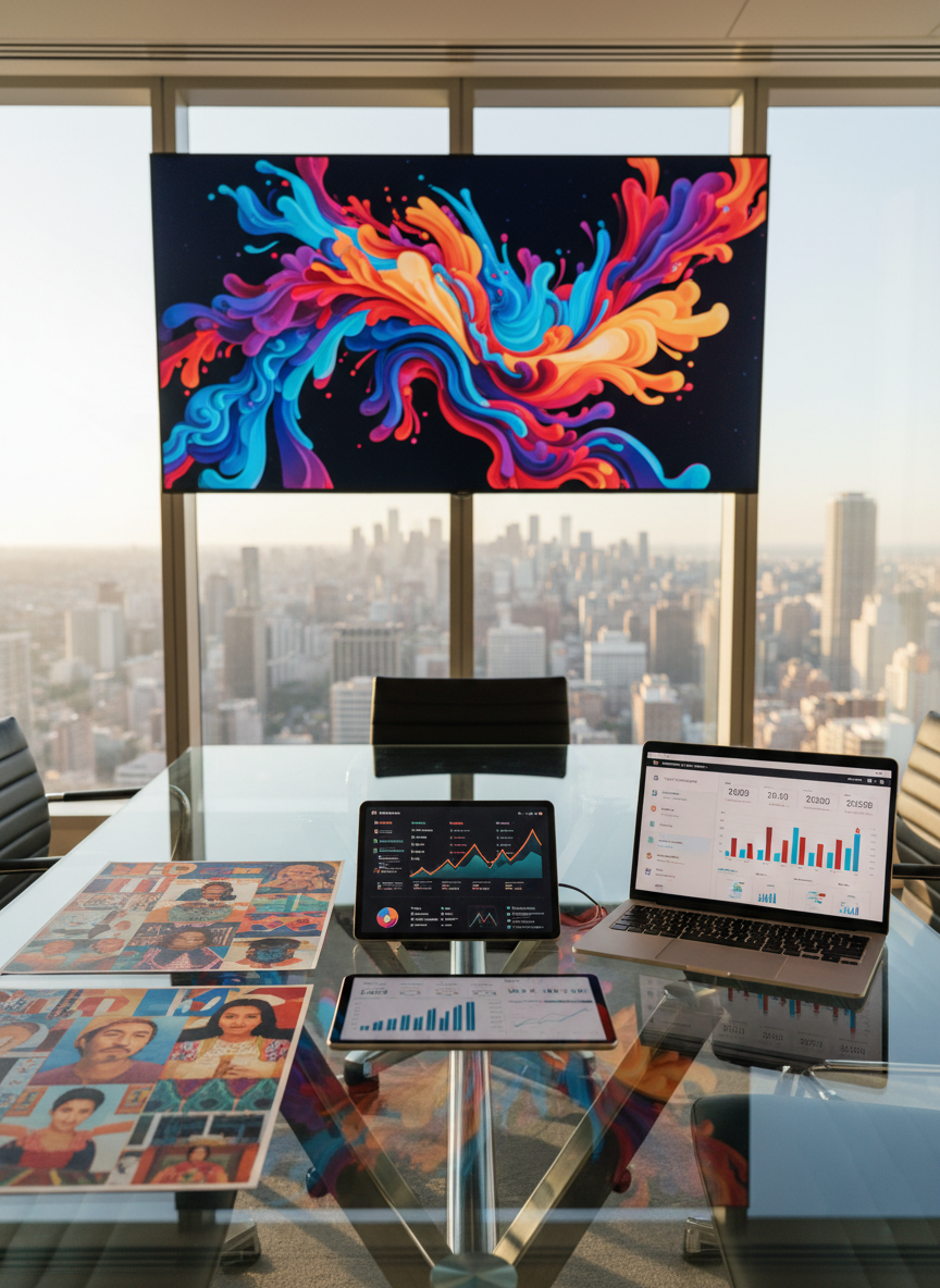 A sleek glass-topped conference table covered with neatly arranged marketing materials: colorful campaign mood boards, analytics charts on tablets, and a laptop displaying a dashboard of rising engagement metrics. In the background, a large wall-mounted digital screen shows an abstract, text-free visualization of a successful multicultural ad campaign with vibrant colors inspired by Latin American design. The scene sits in a modern, high-rise office with floor-to-ceiling windows overlooking a city skyline. Soft afternoon daylight floods the room, creating gentle reflections on the glass and metallic surfaces. Photographic realism, shot at eye level with a shallow depth of field, emphasizing clarity, professionalism, and the energy of a full-service Hispanic marketing agency strategizing for clients.