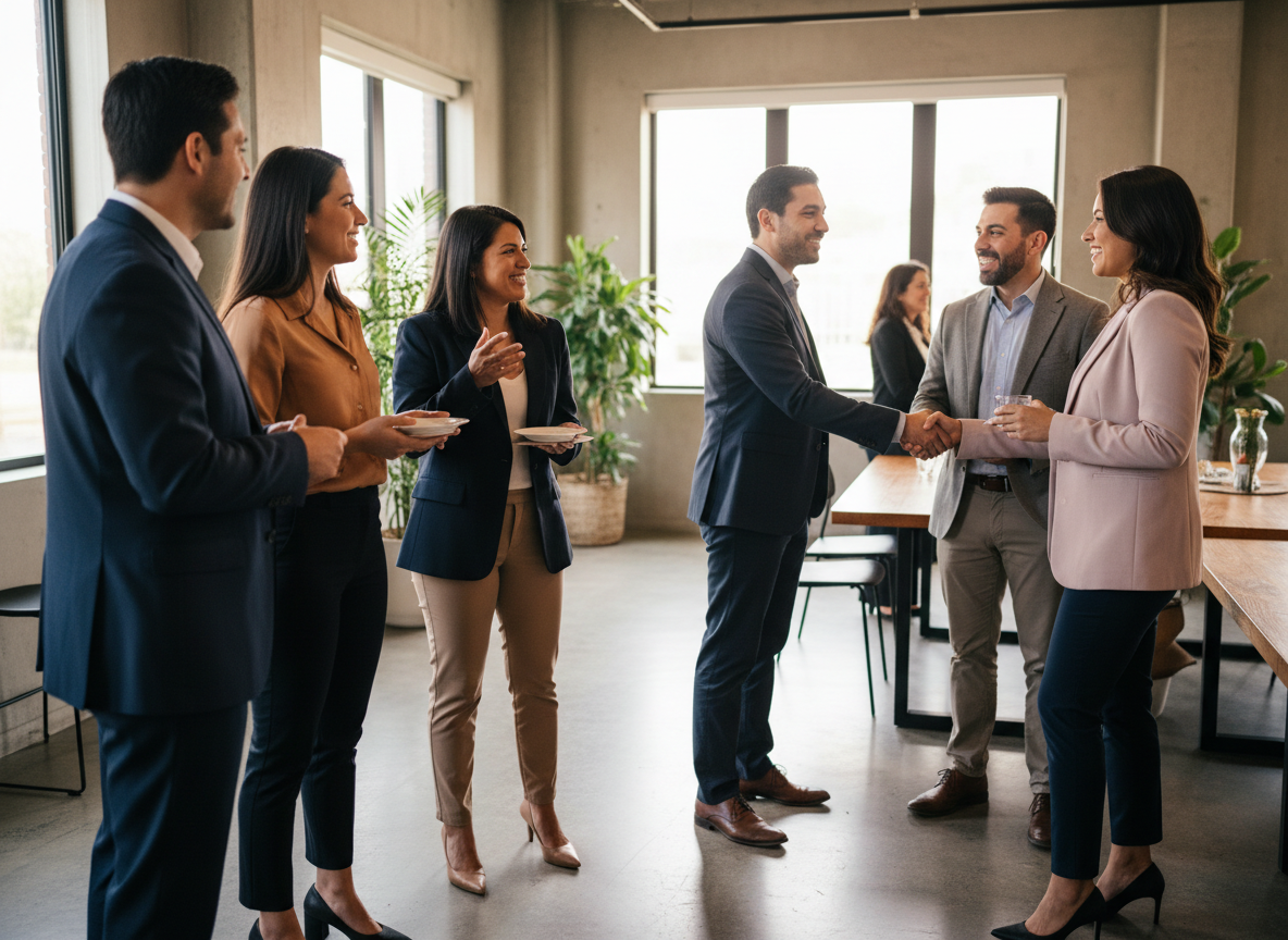 Diverse Hispanic business professionals connecting at a community engagement event