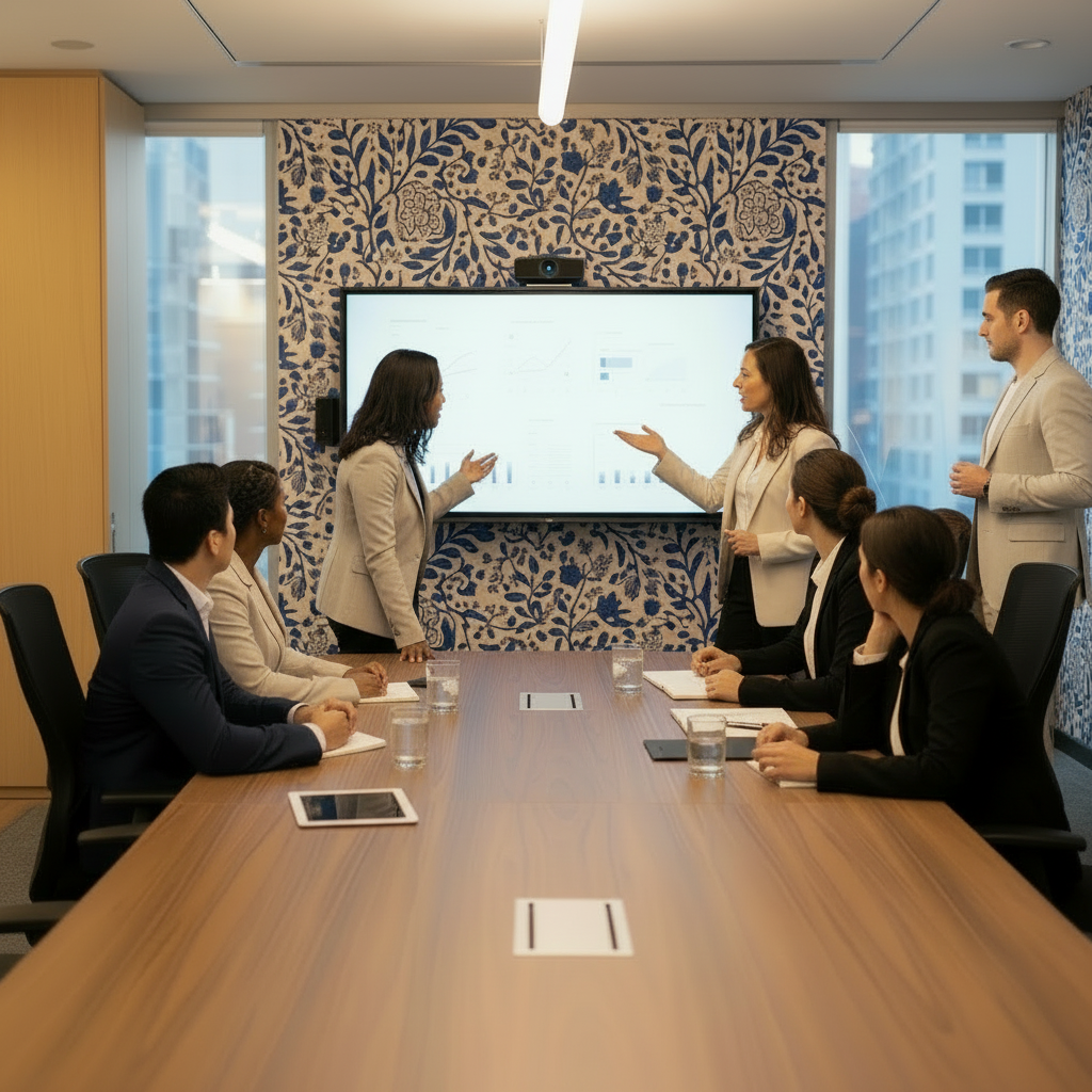 Revise the current conference-room team image to feature more women in the multicultural team. Show a balanced, women-forward group with several women visibly participating and collaborating around the table, all focused on the presentation screen. Keep faces non-identifiable using over-the-shoulder views, cropped profiles, silhouettes, or turned-away compositions, while ensuring no one looks isolated. Preserve the realistic professional conference room, warm peach-cream atmosphere, refined cobalt-blue Talavera-inspired accents, and polished editorial photography. No text or logos.